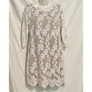 Jessica Howard White Lace Overlay Dress Lined 3/4 Sleeve Knee Length Size 8